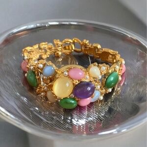 SPATZ Goldtone Multicolor Moonstone Cabochon Hidden Watch Bracelet